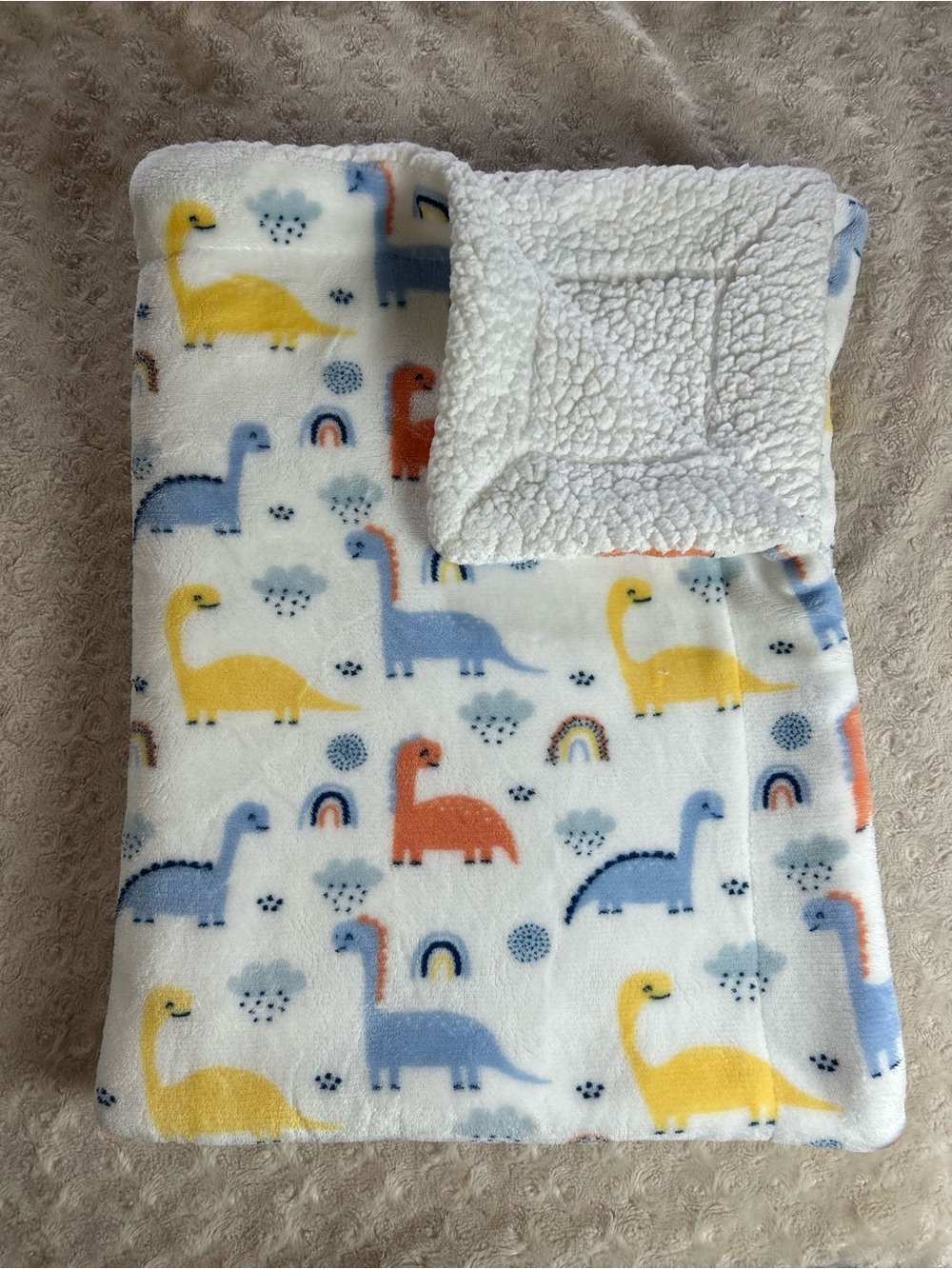 SL Home Fashions Dinosaur Rainbow Baby Blanket Blue White Yellow Orange Clouds